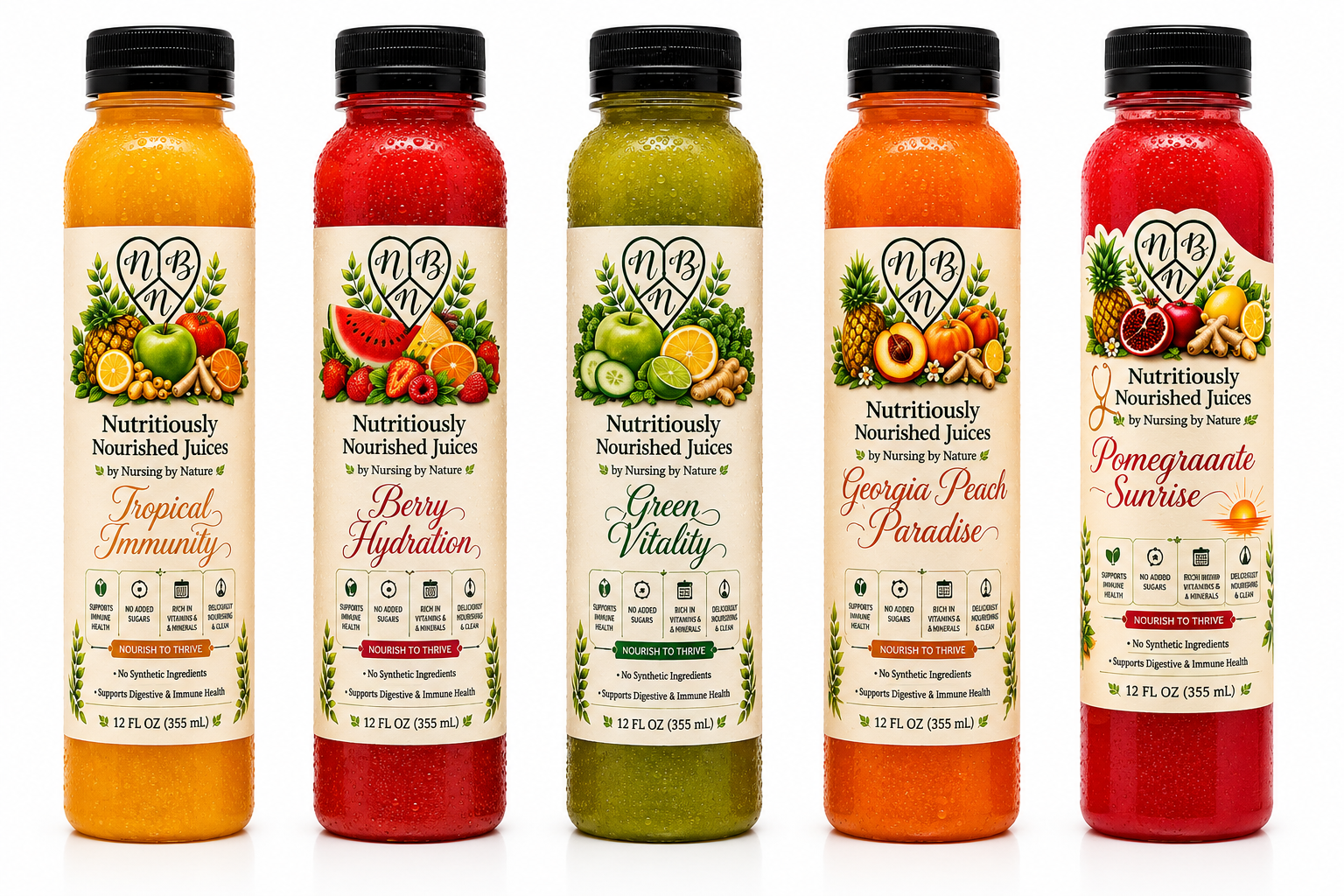 All 5 Nursing by Nature cold-pressed juice flavors